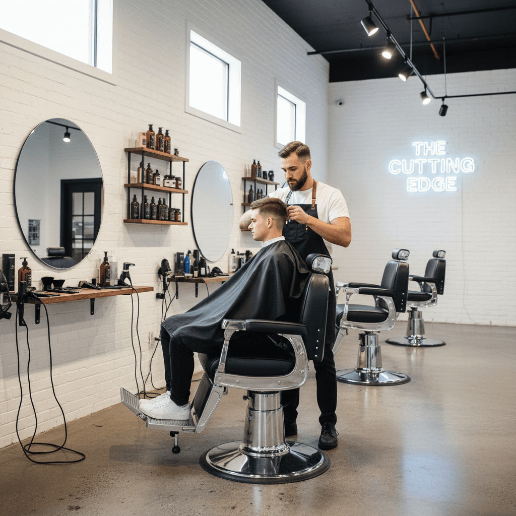 Barber cutting client hair in modern barbershop