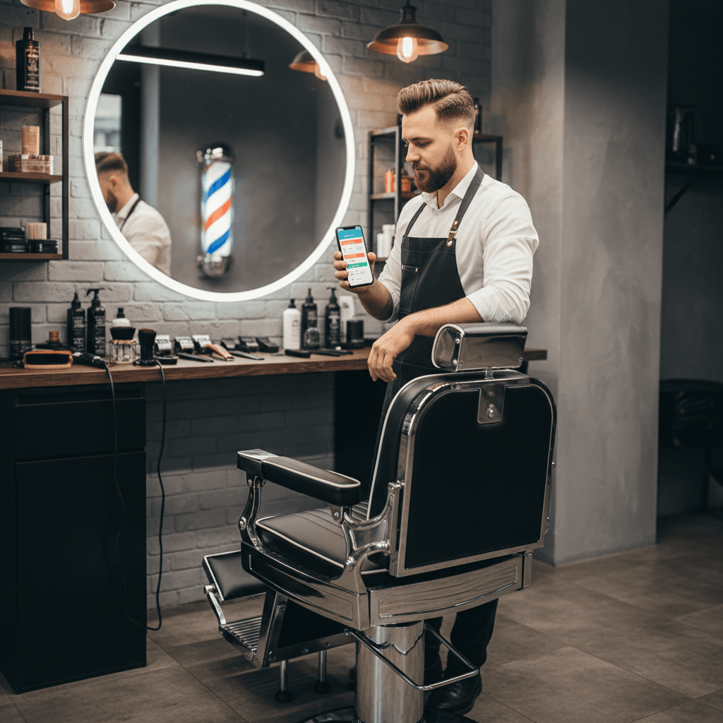 Barber reviewing appointments on phone