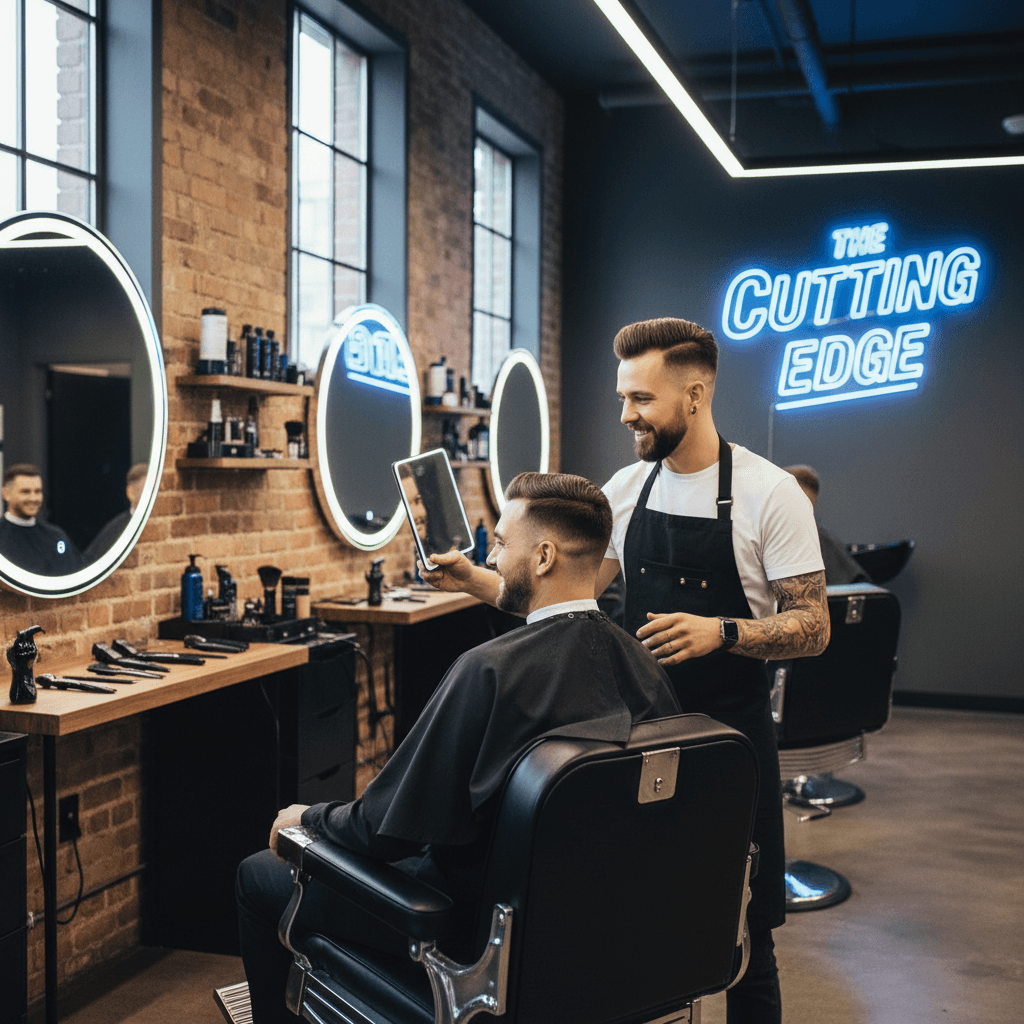 Barber and satisfied client in barbershop