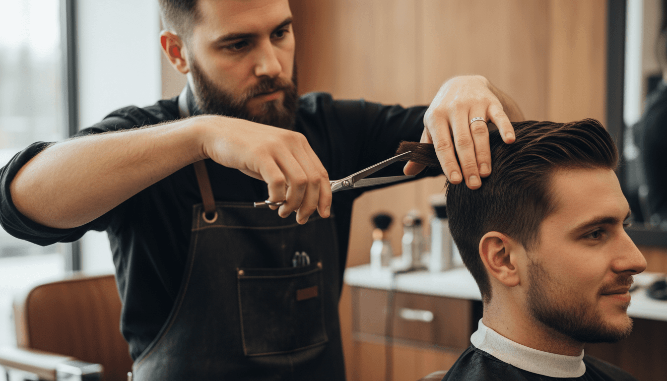 Barber providing service to satisfied client in professional barbershop setting