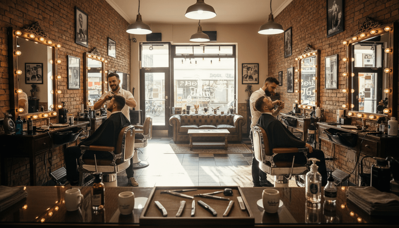 Professional barber providing haircut service to satisfied client in modern barbershop