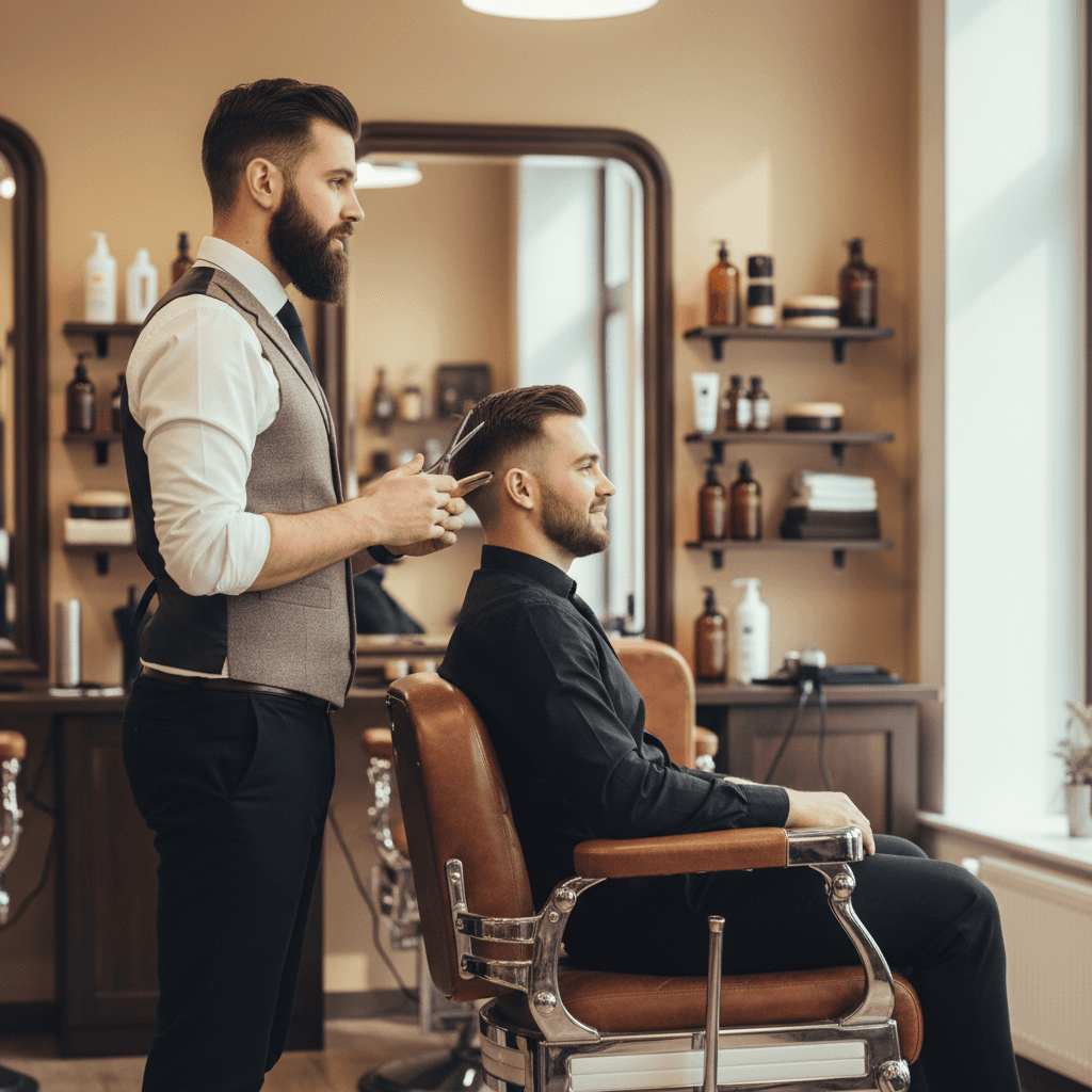 Barber providing service to client in professional barbershop setting