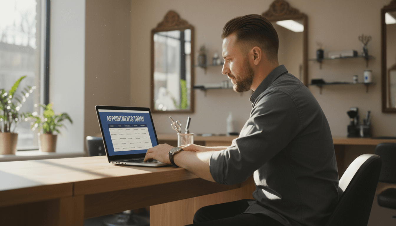 Barber analyzing lead performance metrics on dashboard